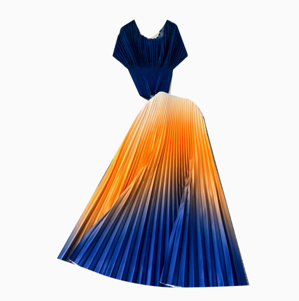 Pleated Top & Skirt Gradient Color 2Pcs