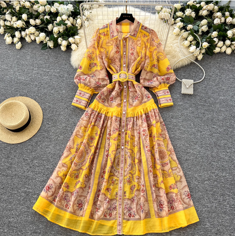 Courtly Yellow Floral Printed Shirt Dress