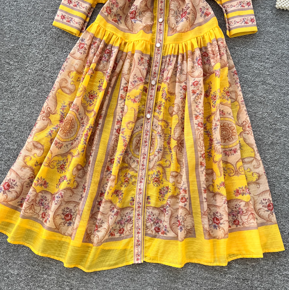 Courtly Yellow Floral Printed Shirt Dress