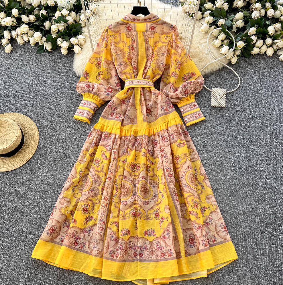 Courtly Yellow Floral Printed Shirt Dress
