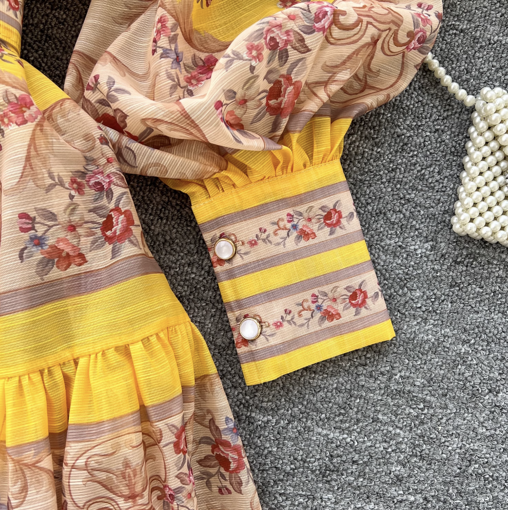 Courtly Yellow Floral Printed Shirt Dress