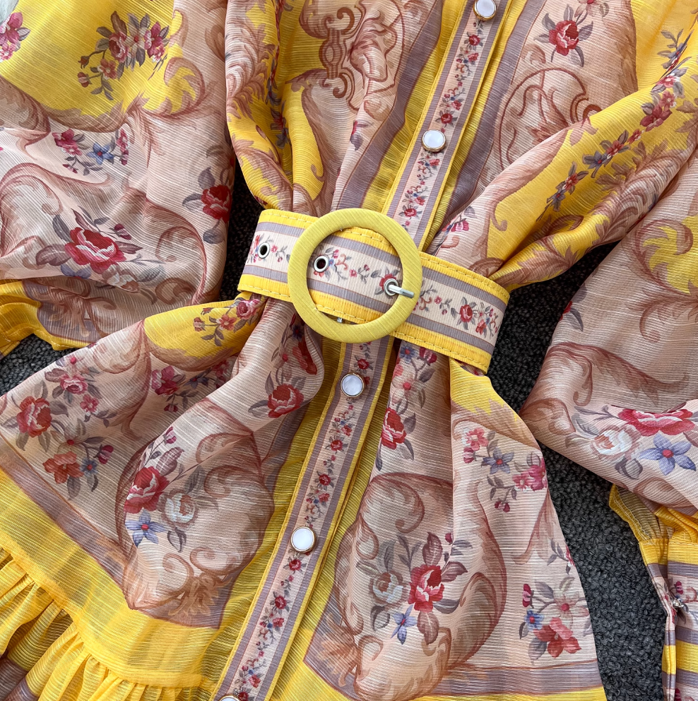 Courtly Yellow Floral Printed Shirt Dress