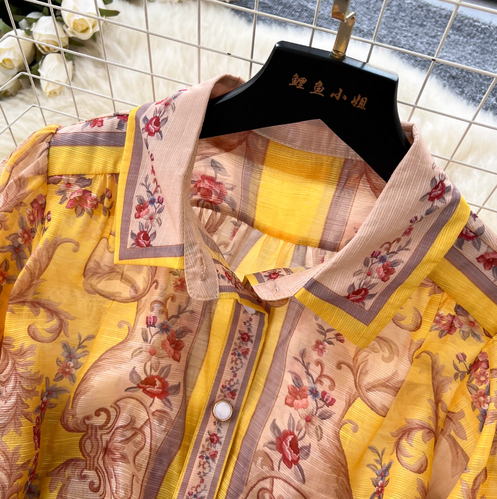 Courtly Yellow Floral Printed Shirt Dress