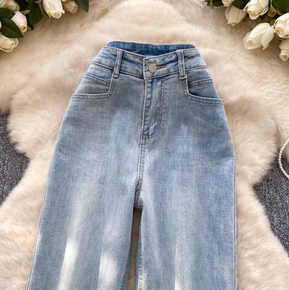 Korean Style Light Blue Draped Jeans