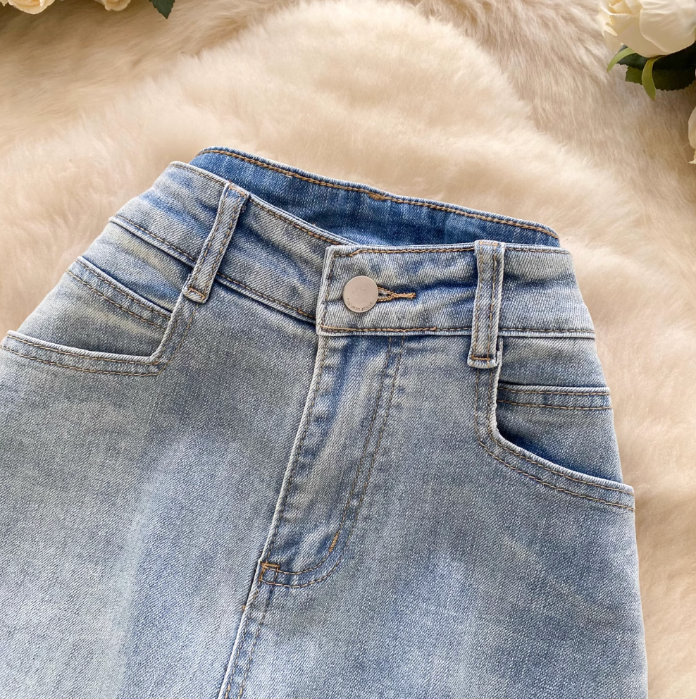 Korean Style Light Blue Draped Jeans