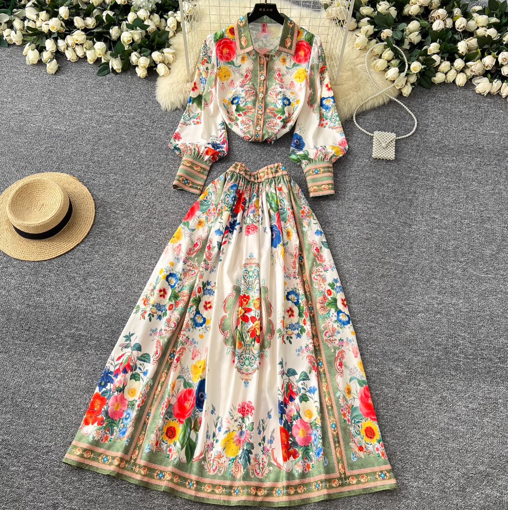 Courtly Lapeled Shirt & Skirt Floral 2Pcs