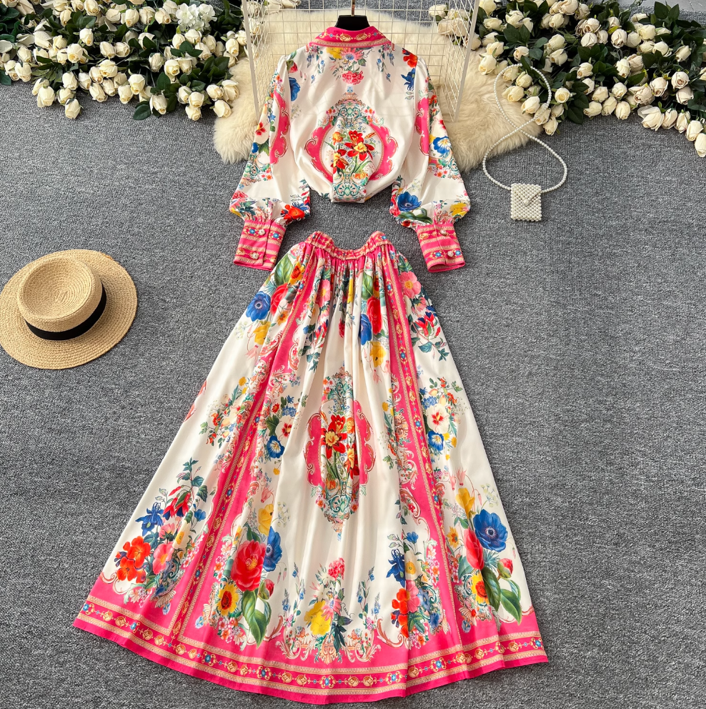 Courtly Lapeled Shirt & Skirt Floral 2Pcs
