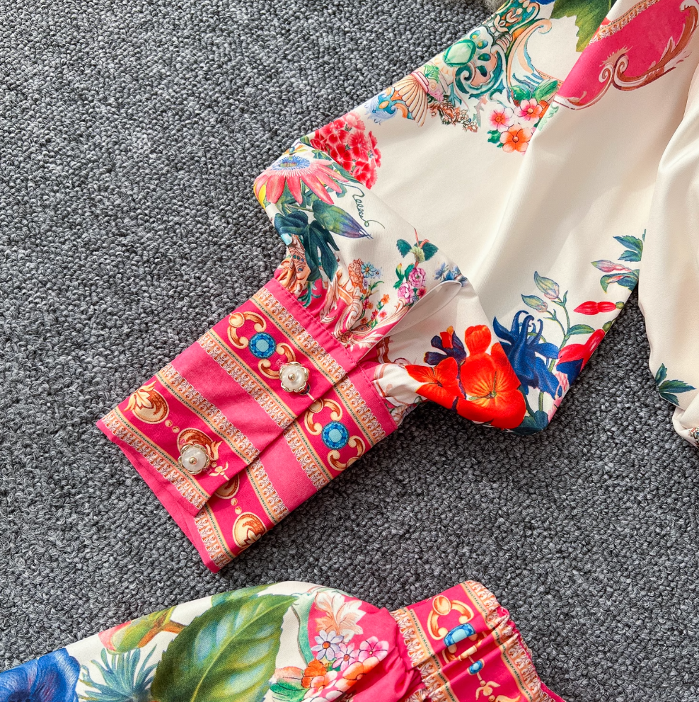 Courtly Lapeled Shirt & Skirt Floral 2Pcs