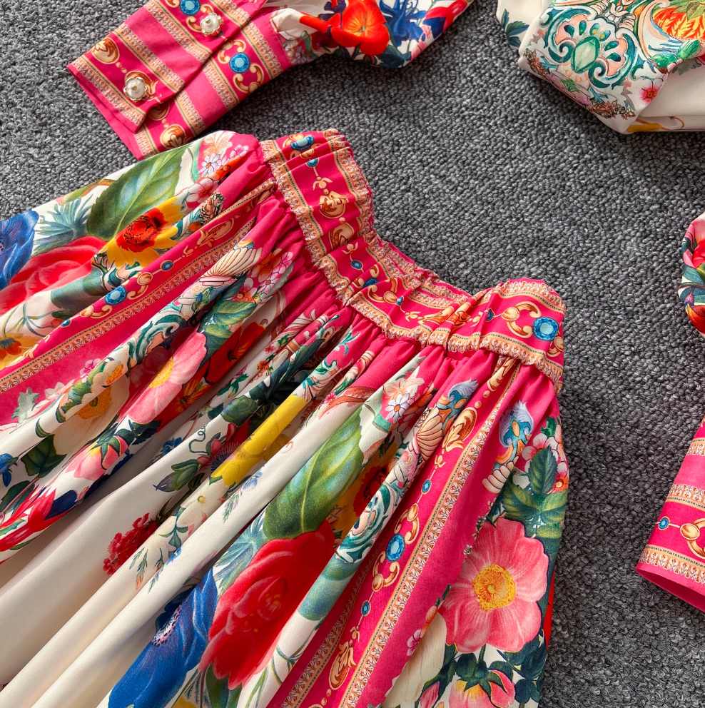Courtly Lapeled Shirt & Skirt Floral 2Pcs
