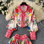 Courtly Lapeled Shirt & Skirt Floral 2Pcs