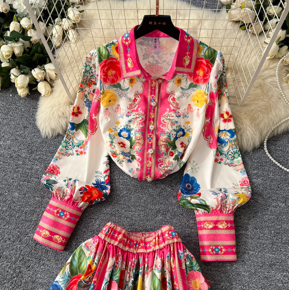 Courtly Lapeled Shirt & Skirt Floral 2Pcs