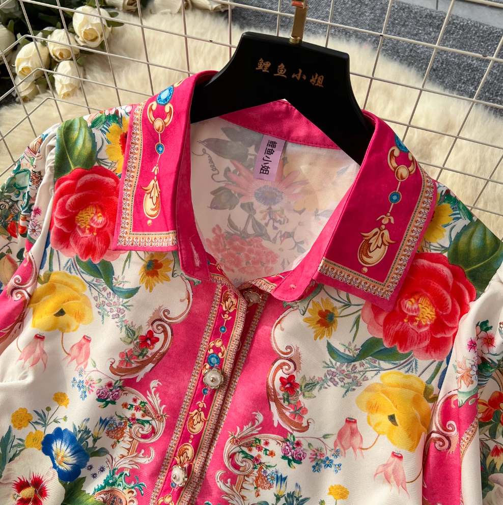 Courtly Lapeled Shirt & Skirt Floral 2Pcs