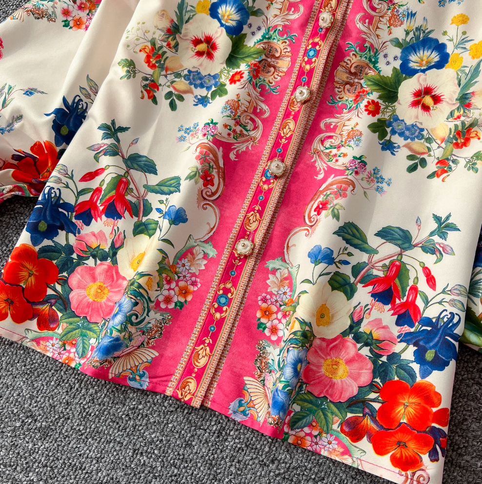 Courtly Lapeled Shirt & Skirt Floral 2Pcs