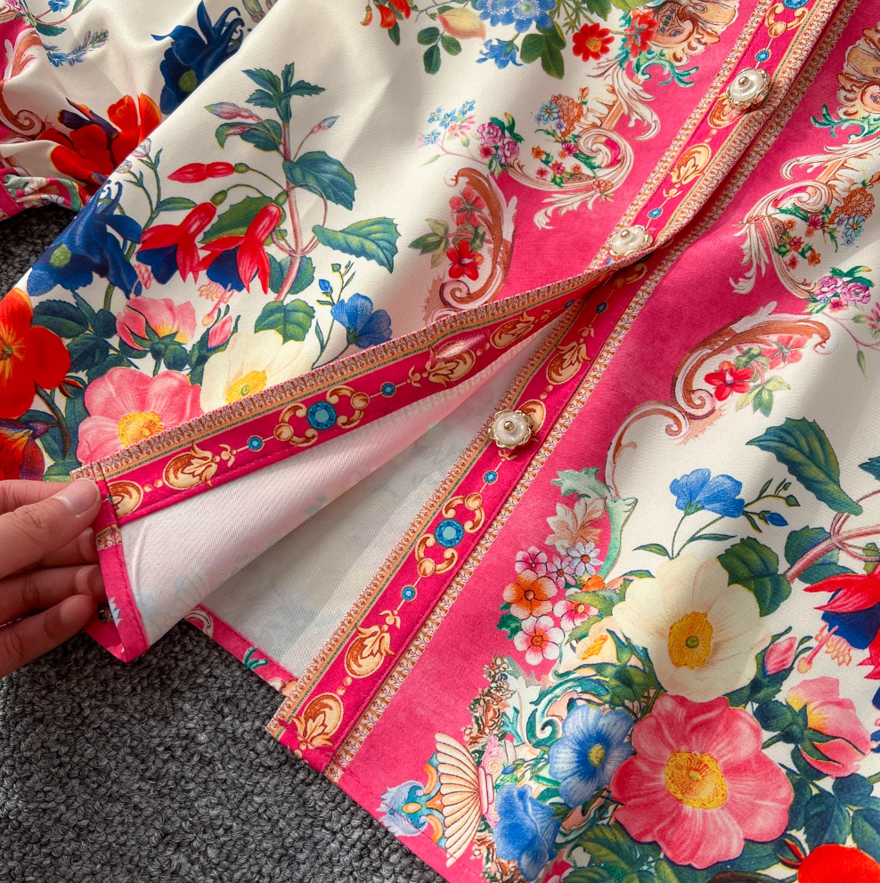 Courtly Lapeled Shirt & Skirt Floral 2Pcs