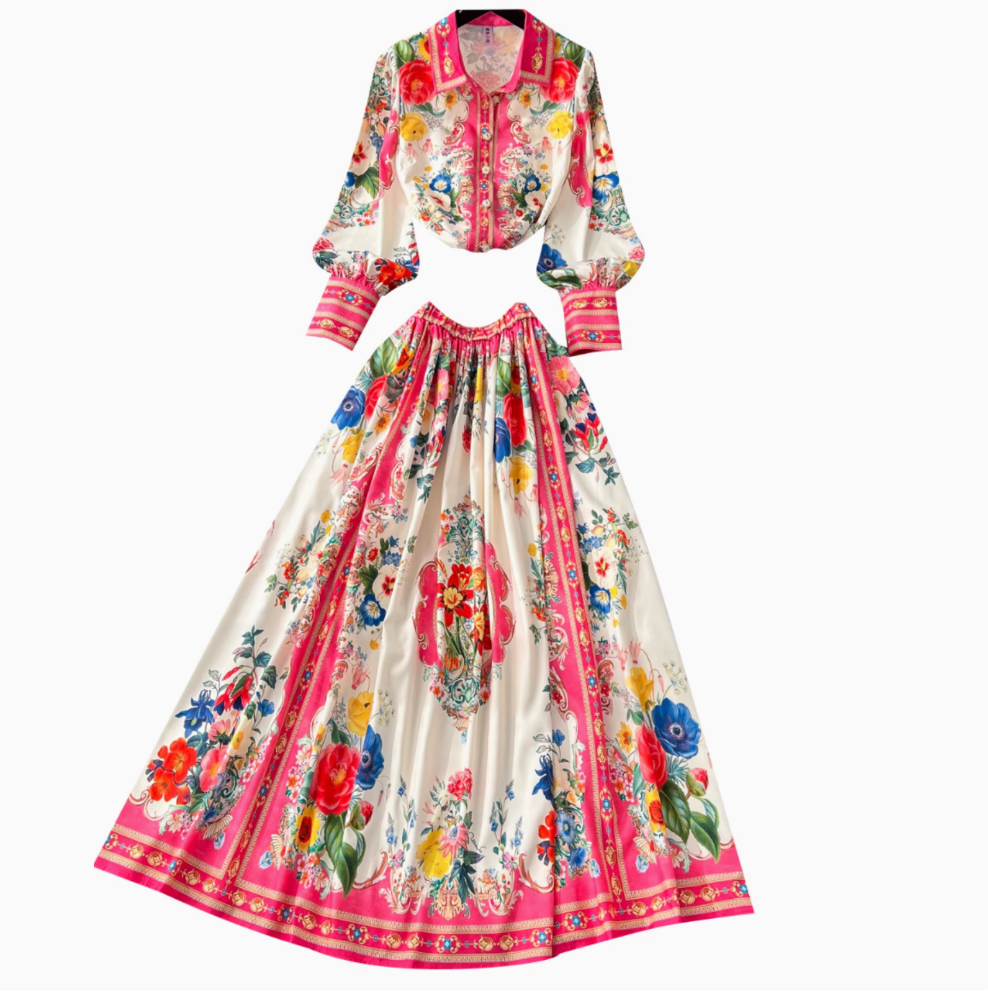 Courtly Lapeled Shirt & Skirt Floral 2Pcs