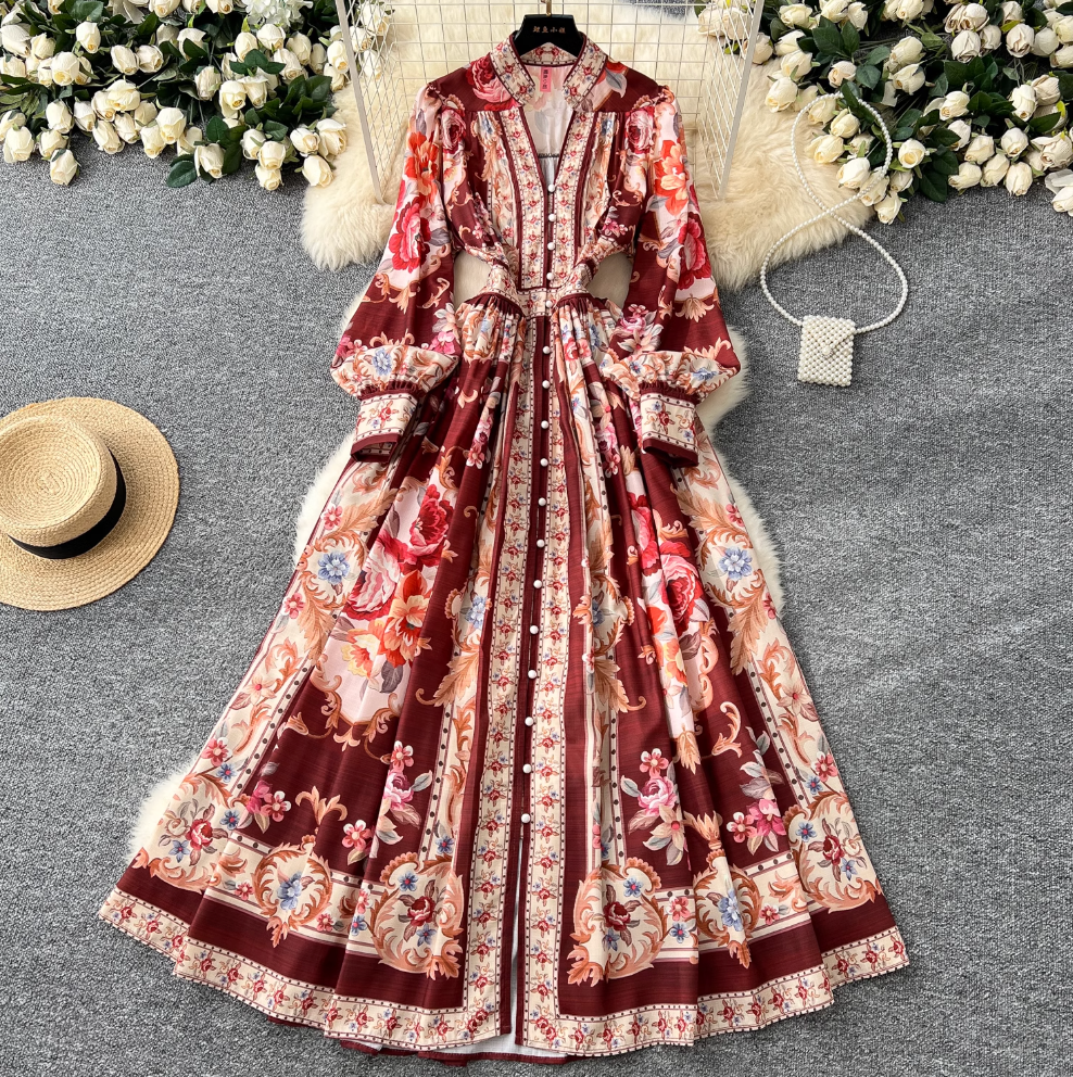 Vintage V-neck Courtly Floral Dress