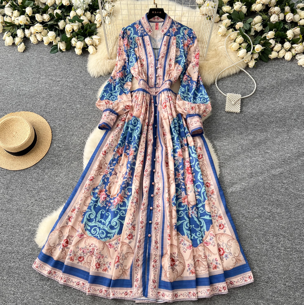 Vintage V-neck Courtly Floral Dress