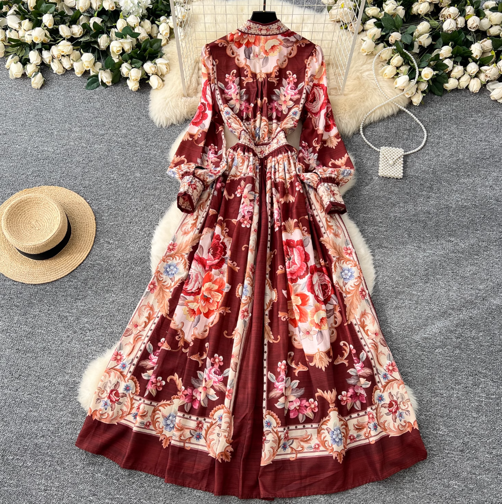 Vintage V-neck Courtly Floral Dress