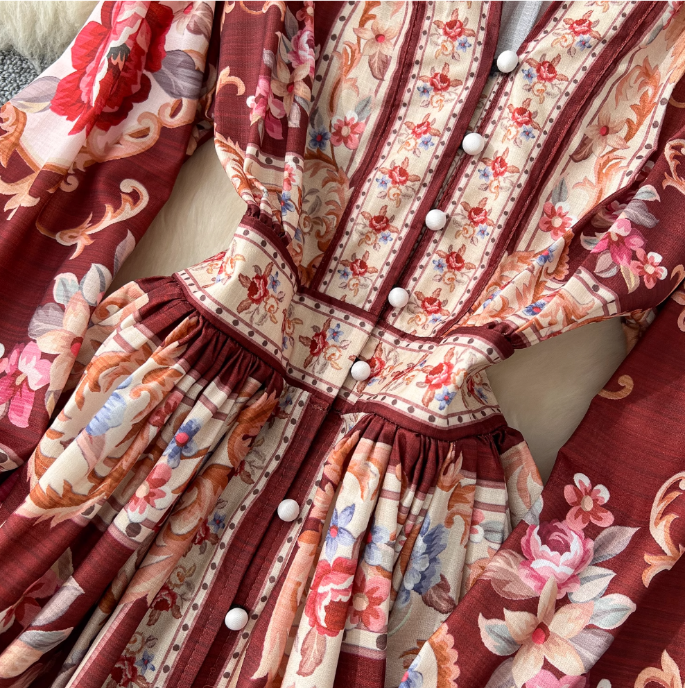 Vintage V-neck Courtly Floral Dress