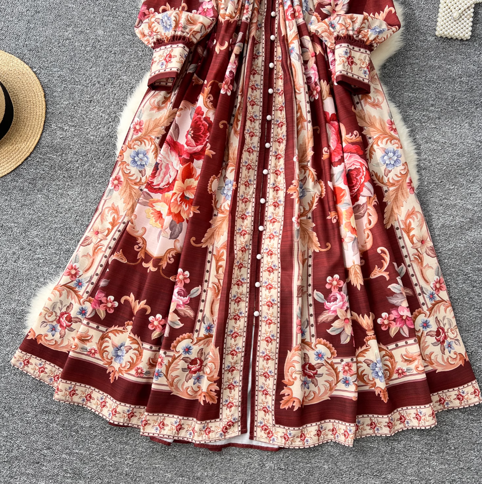 Vintage V-neck Courtly Floral Dress