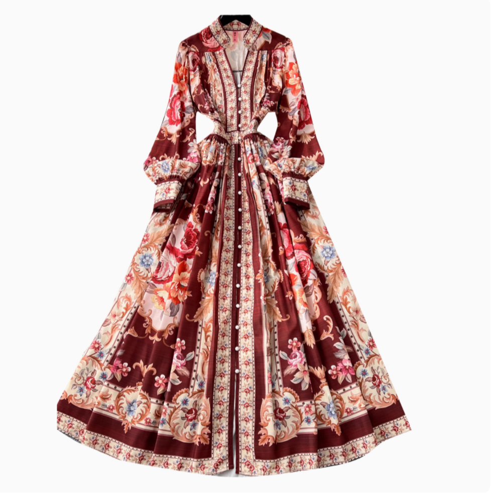 Vintage V-neck Courtly Floral Dress