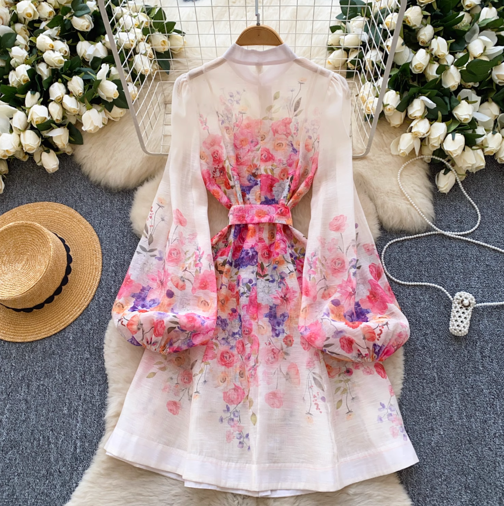 Courtly Pearl Buttons Floral Shirt Dress