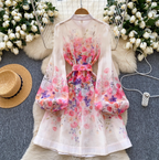 Courtly Pearl Buttons Floral Shirt Dress
