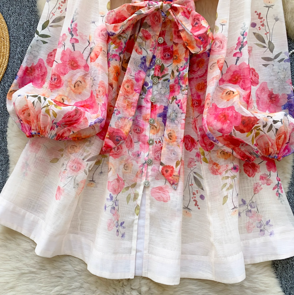 Courtly Pearl Buttons Floral Shirt Dress