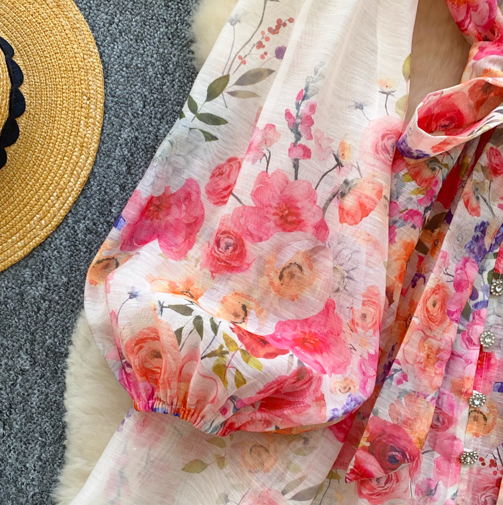 Courtly Pearl Buttons Floral Shirt Dress
