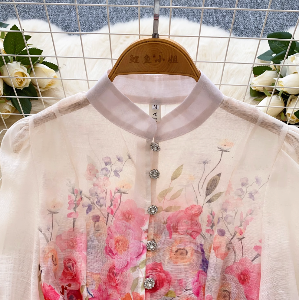 Courtly Pearl Buttons Floral Shirt Dress