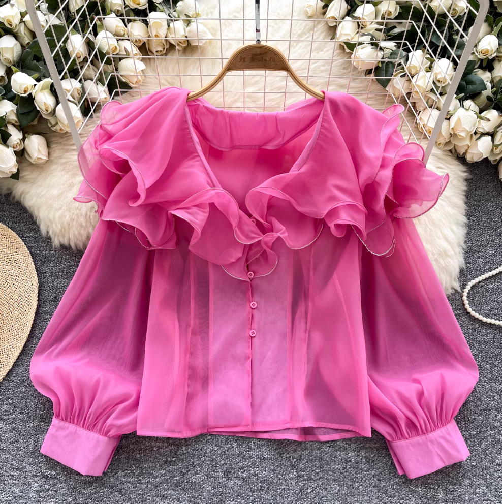 Niche Ruffled Loose-fit Mesh Shirt