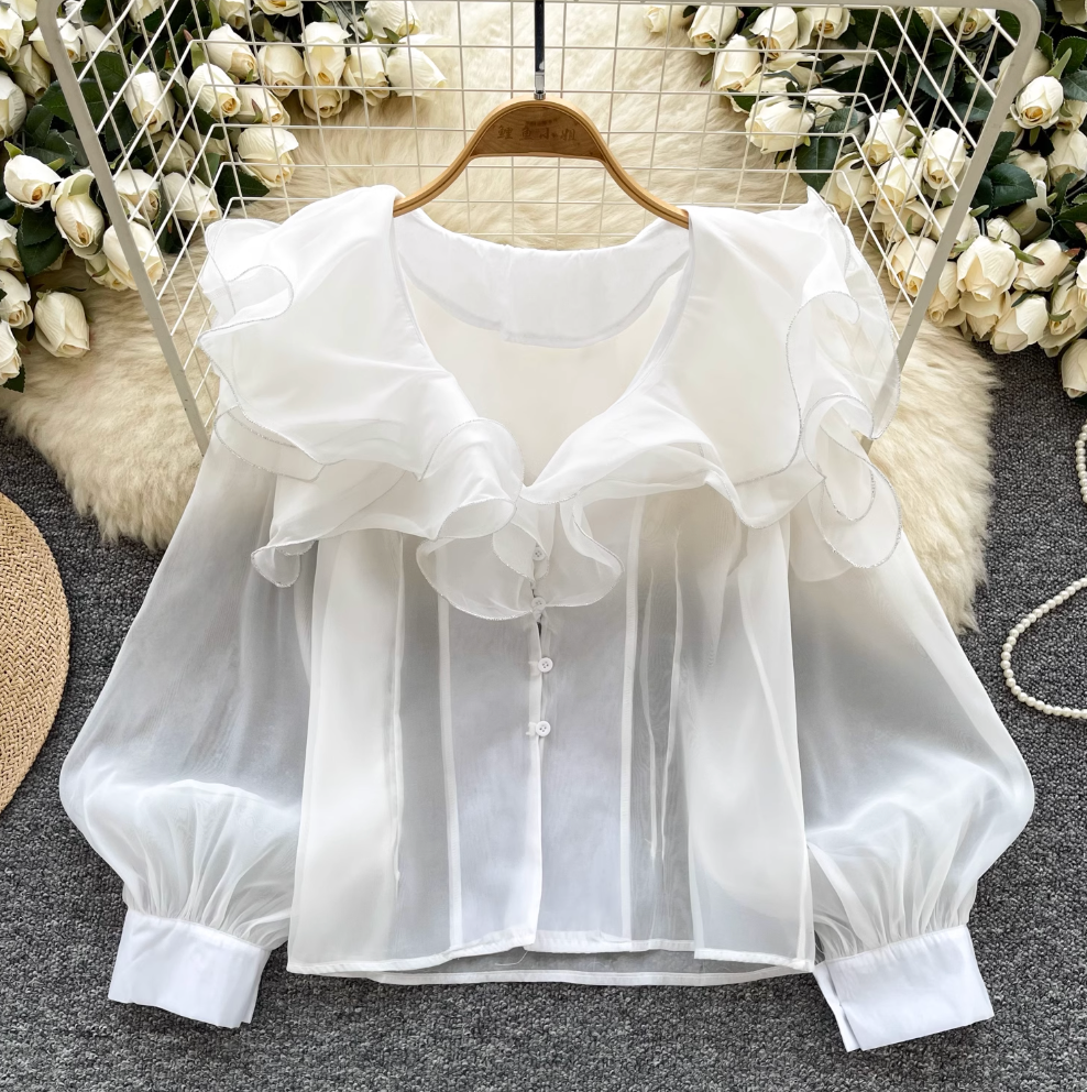 Niche Ruffled Loose-fit Mesh Shirt