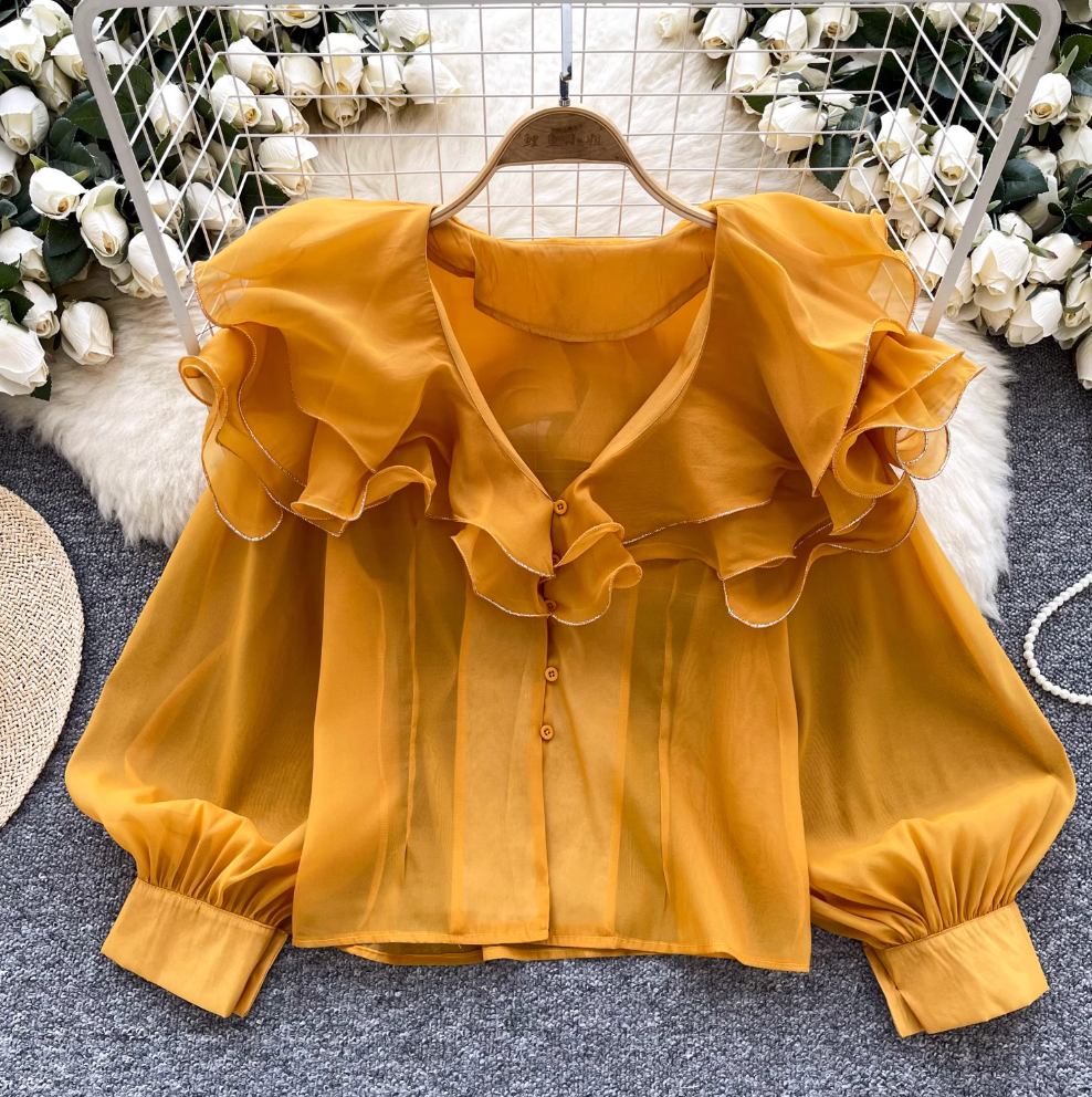 Niche Ruffled Loose-fit Mesh Shirt
