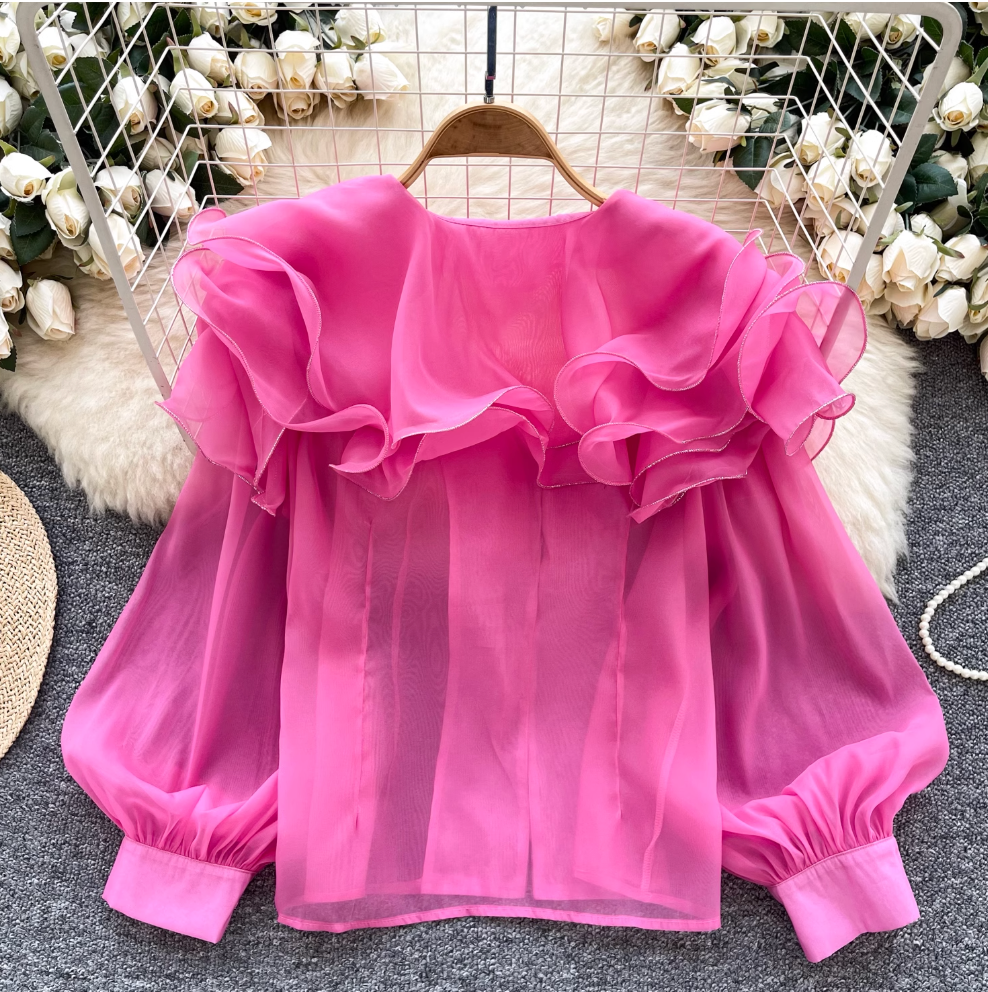 Niche Ruffled Loose-fit Mesh Shirt