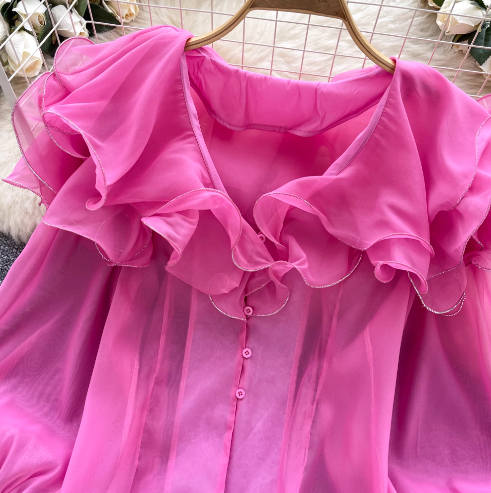 Niche Ruffled Loose-fit Mesh Shirt