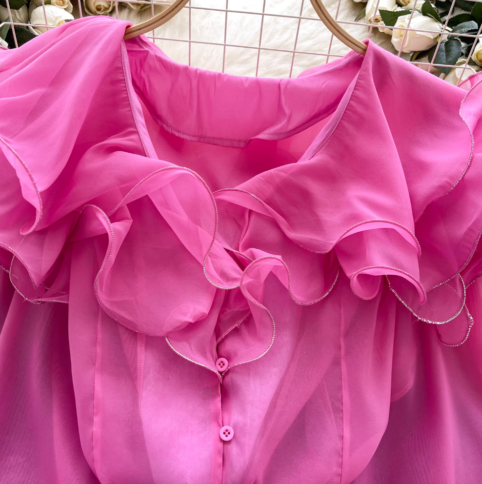 Niche Ruffled Loose-fit Mesh Shirt
