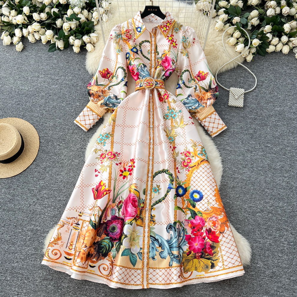 Courtly Floral Dress with Belt