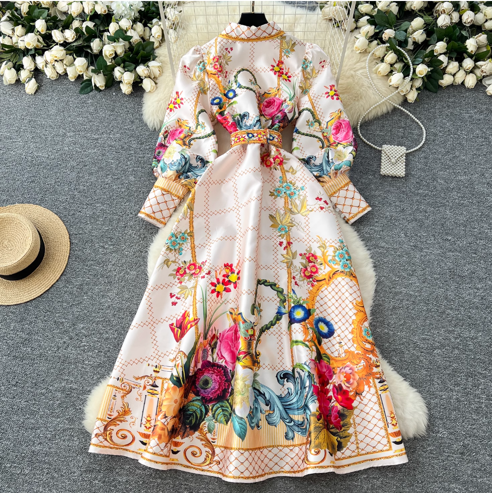Courtly Floral Dress with Belt