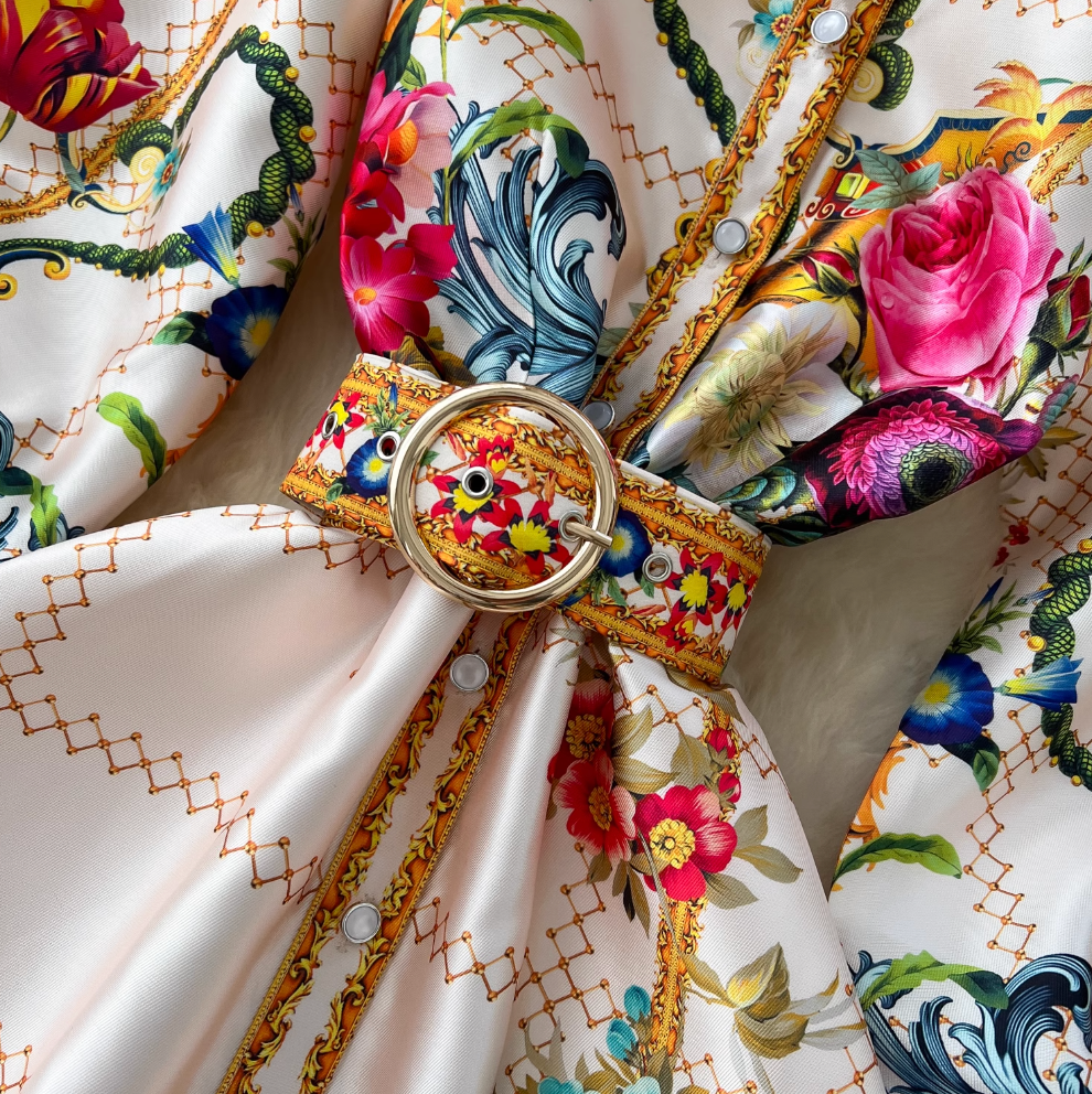 Courtly Floral Dress with Belt