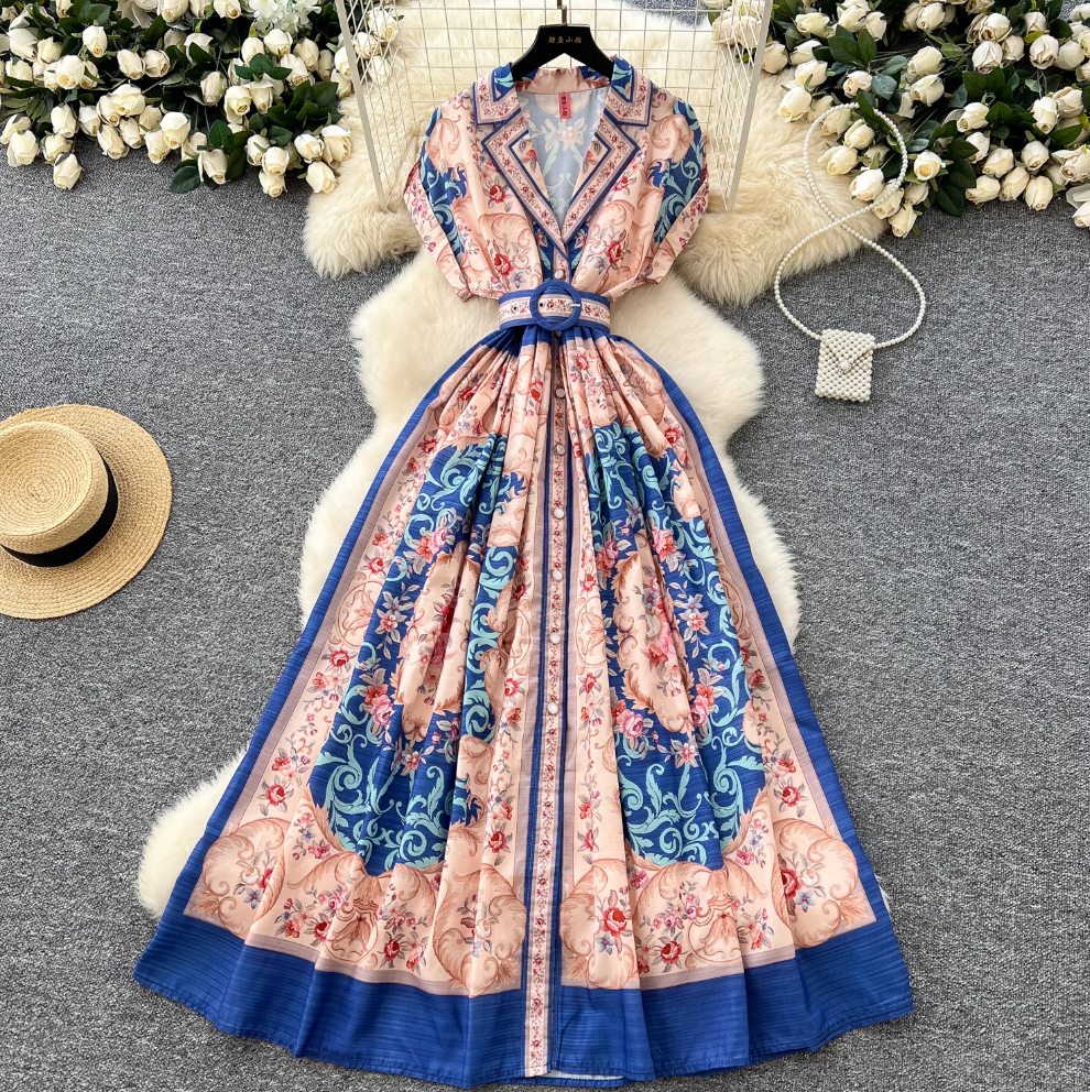 Vintage Suit Collar Floral Printed Dress