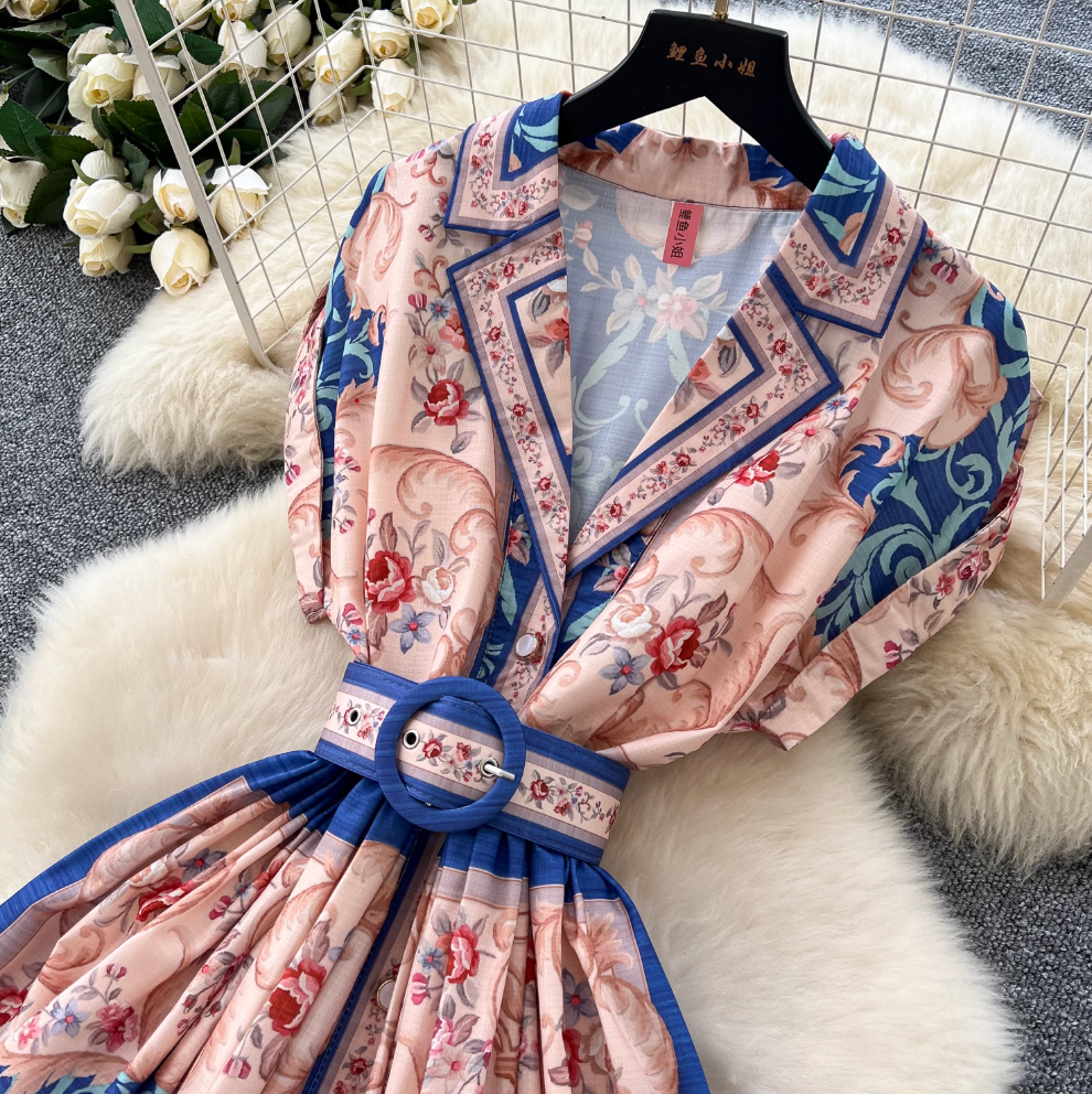 Vintage Suit Collar Floral Printed Dress