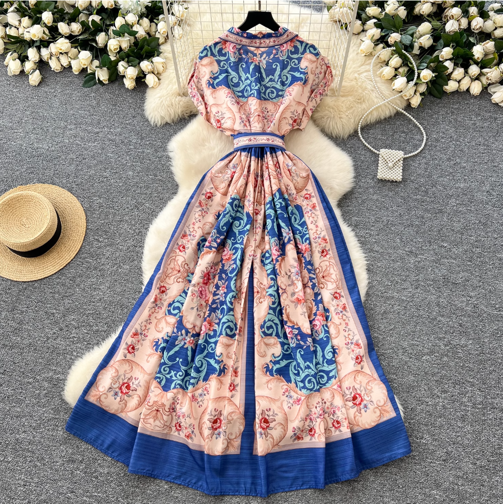 Vintage Suit Collar Floral Printed Dress