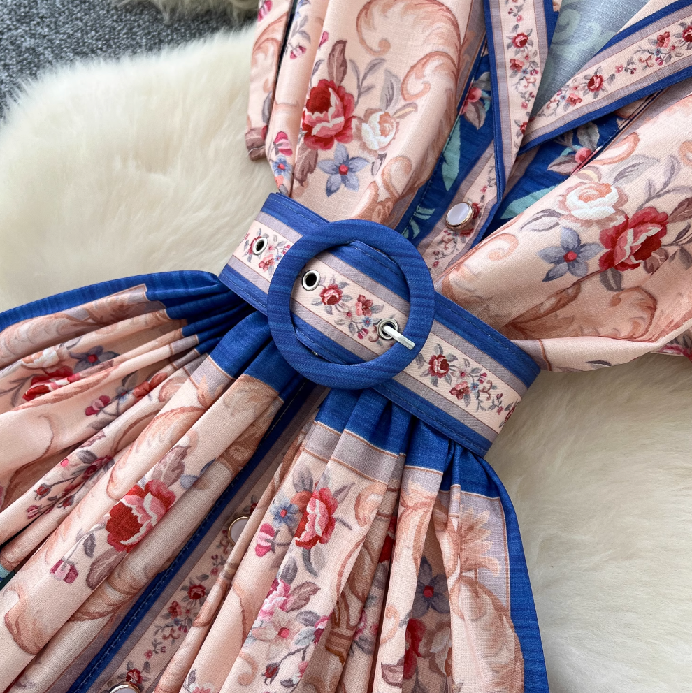 Vintage Suit Collar Floral Printed Dress