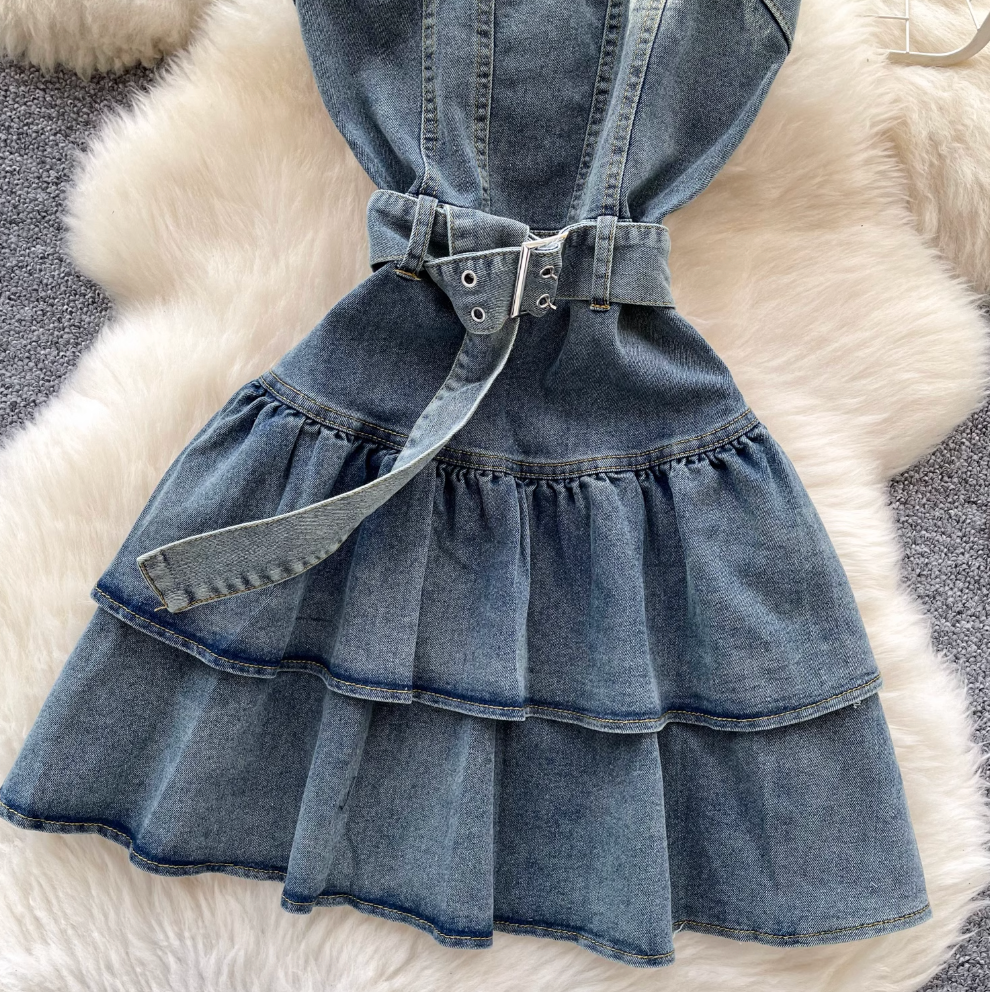 Metal Buckled Ruffled Denim Slip Dress