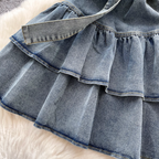 Metal Buckled Ruffled Denim Slip Dress