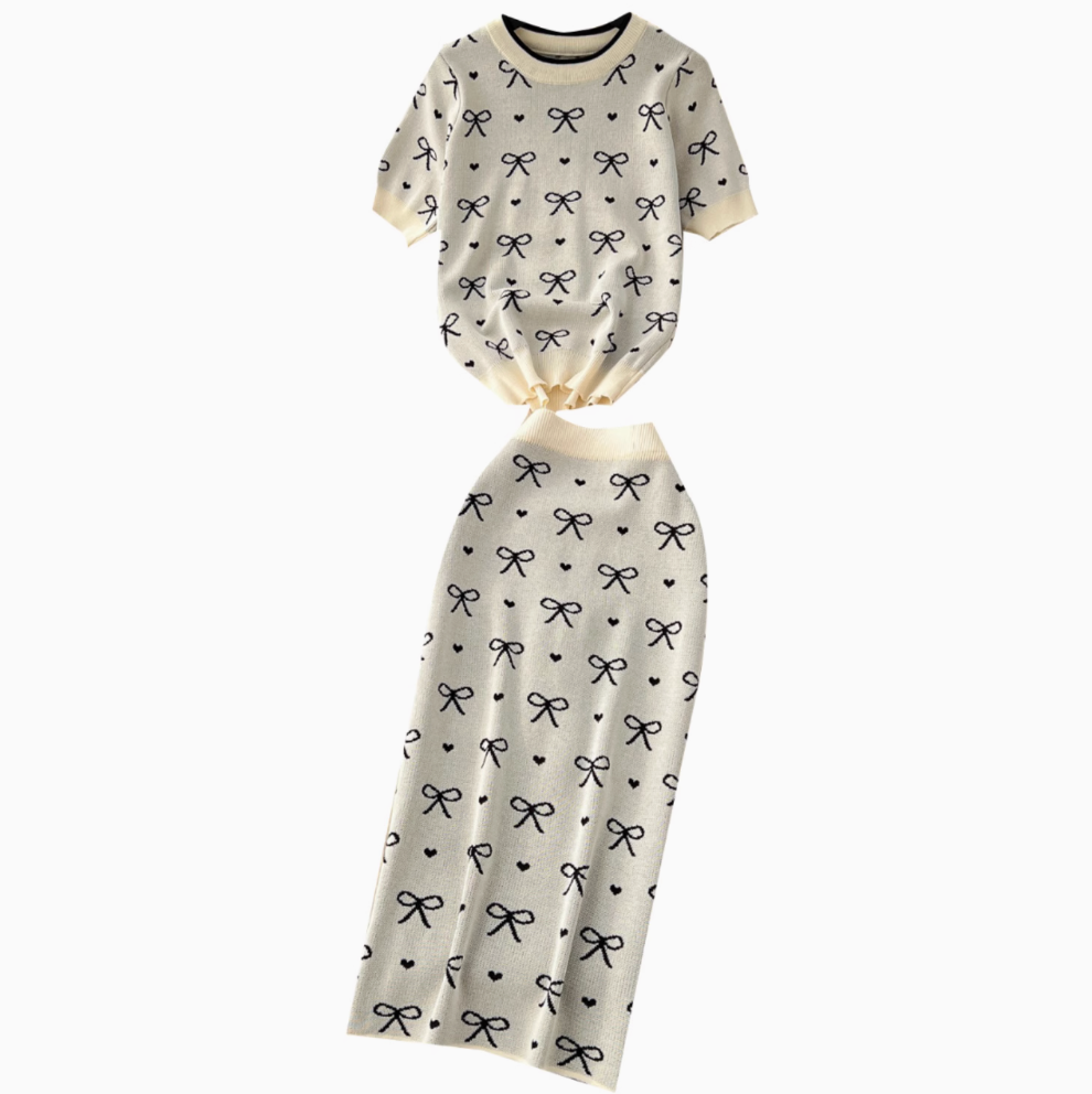 Bow Knitwear & Hip-wrapping Skirt 2Pcs
