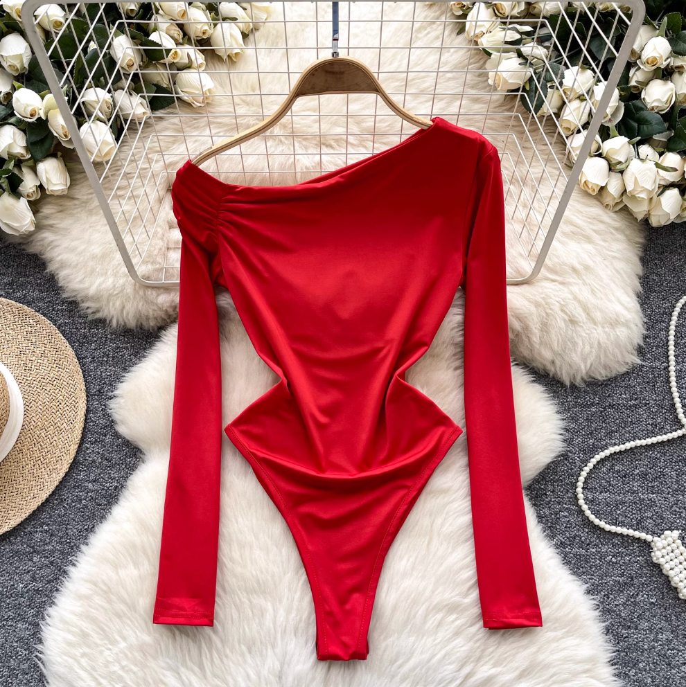 Slant Neckline Pleated Slim Jumpsuit