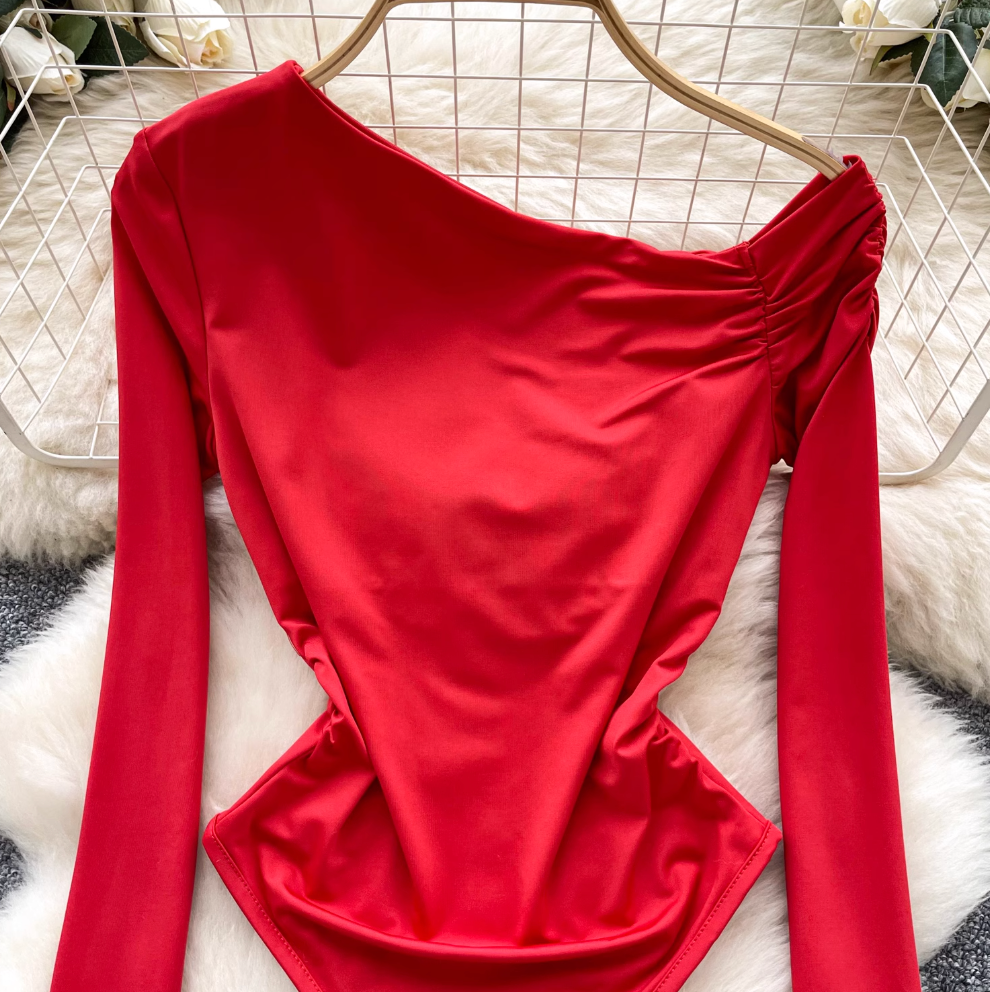 Slant Neckline Pleated Slim Jumpsuit