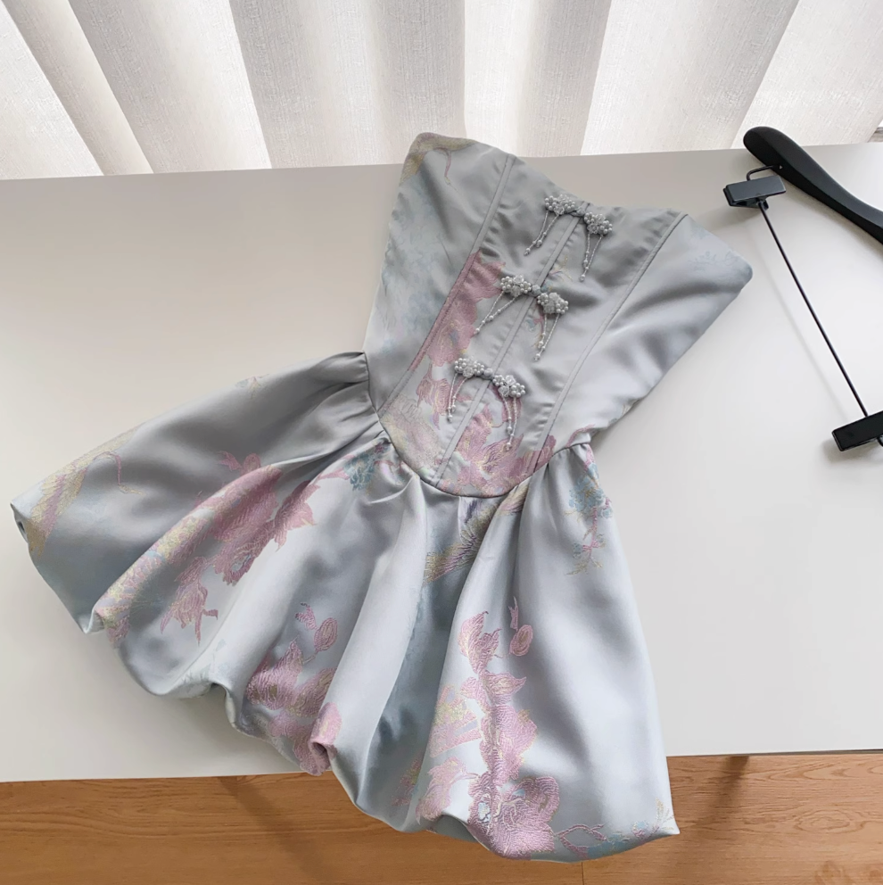 High-end Beaded Floral Jacquard Dress