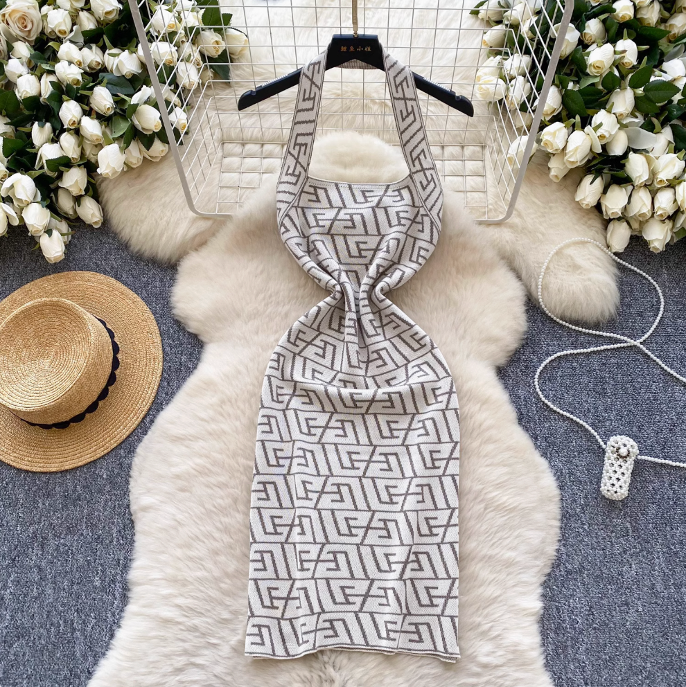 Backless Geometric Printed Halter Dress